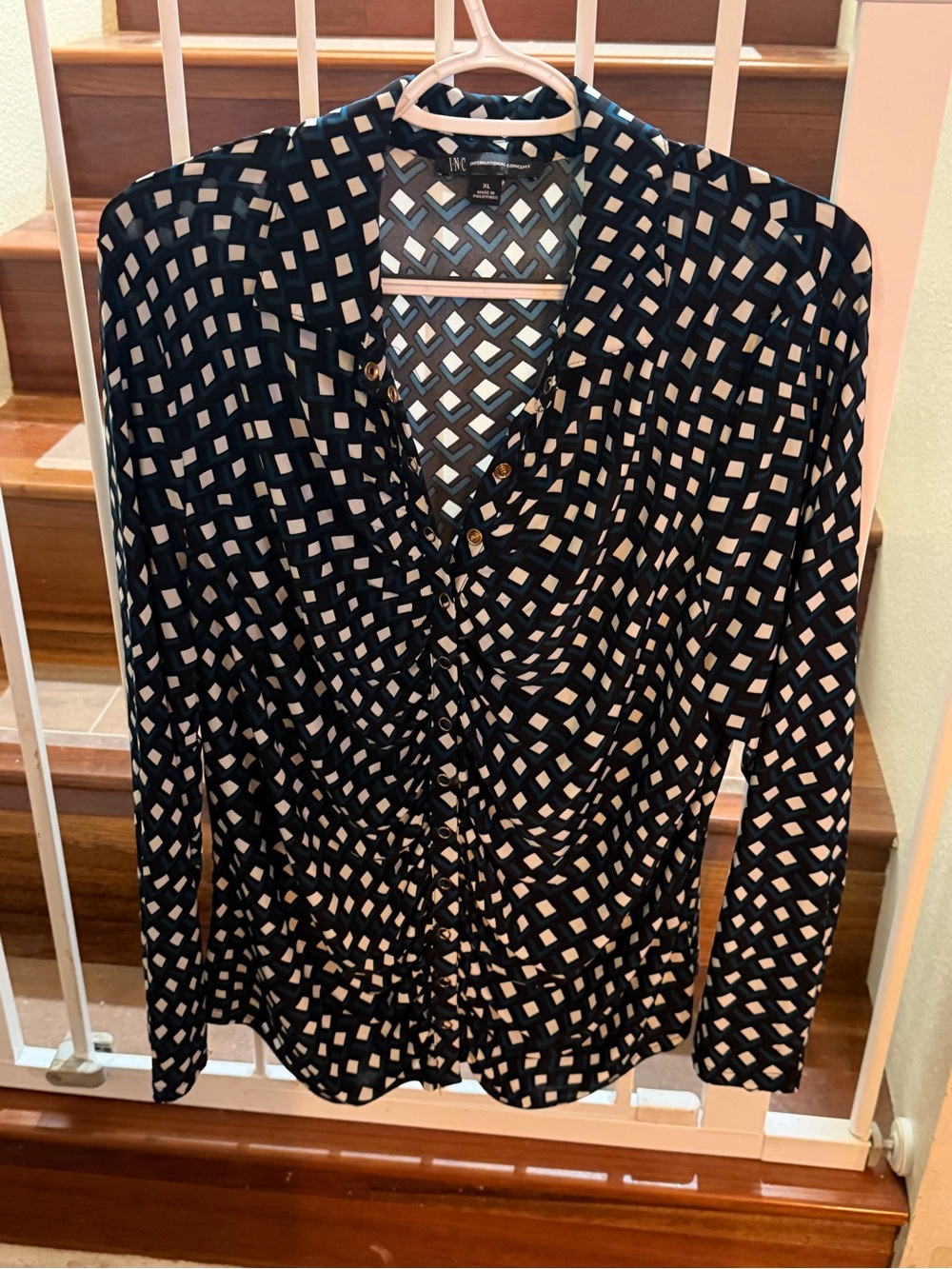 INC International Concepts Black, turquoise & Cream Geometric Long Sleeve Top